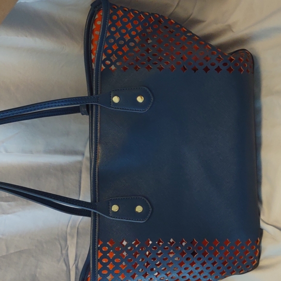Big Buddha Navy/Orange Perforated Vegan Leather Tote - Picture 3 of 16
